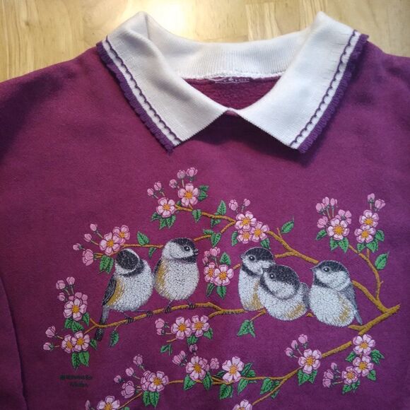morning sun Tops - Vintage Morning Sun Chickadee Birds Floral Collared Sweatshirt